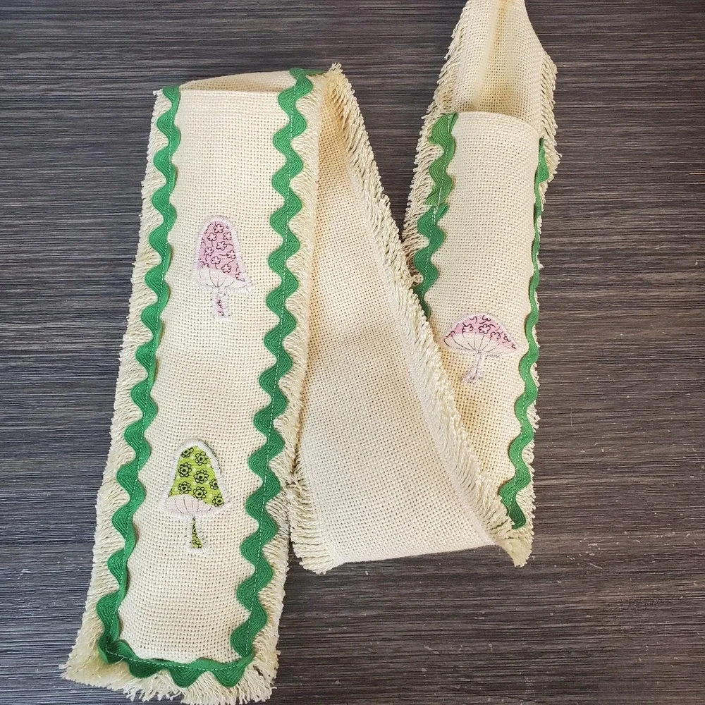 Vintage Yard Stick + Ruler Holder - Mushroom, Rick Rack - 2 Pockets - Hangs